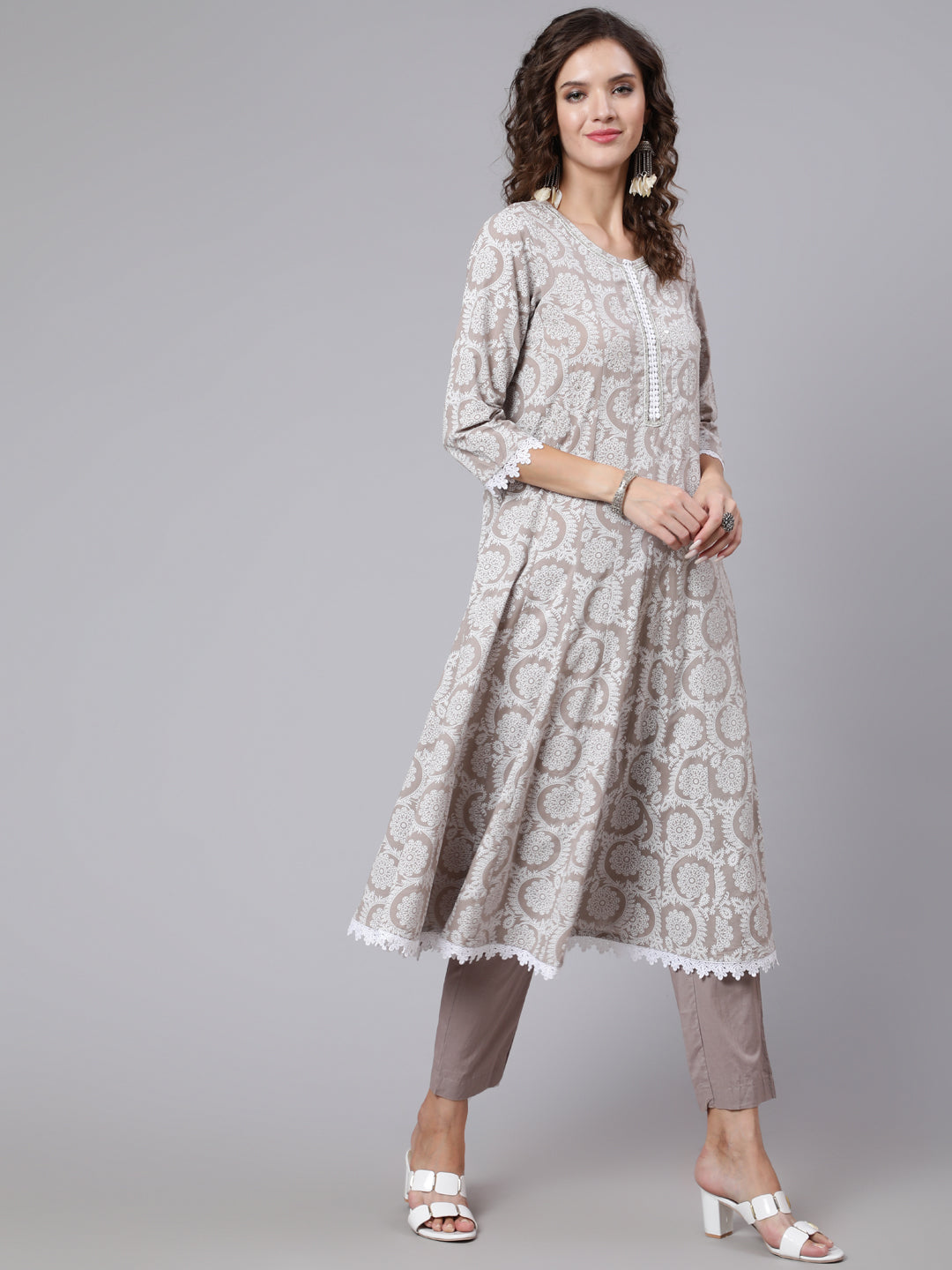Women Grey Ethnic Printed Flared Kurta With Trouser And Dupatta | LASVINI - Redefining Indian Fashion with Elegance