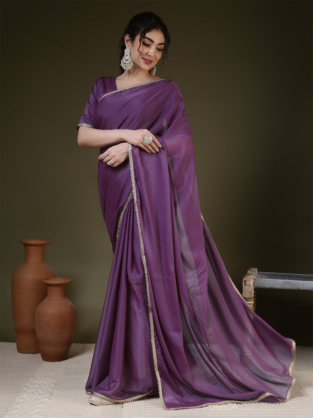 Burgundy Saree embellished with lace & Unstitched blouse | LASVINI - Redefining Indian Fashion with Elegance