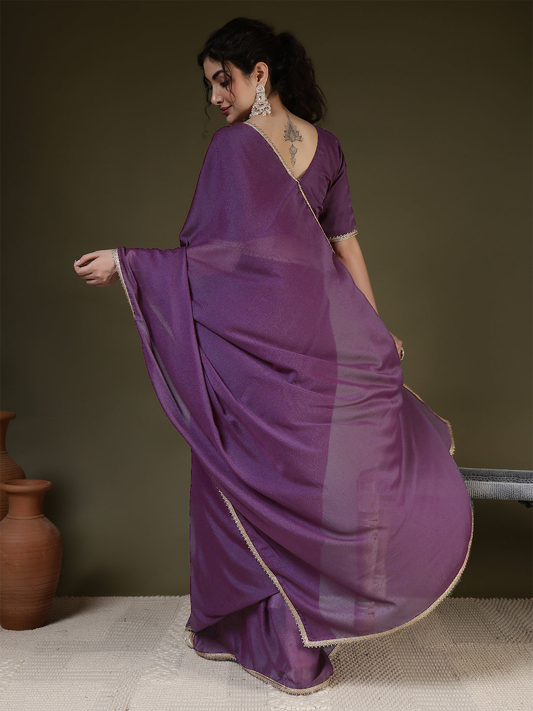 Burgundy Saree embellished with lace & Unstitched blouse | LASVINI - Redefining Indian Fashion with Elegance