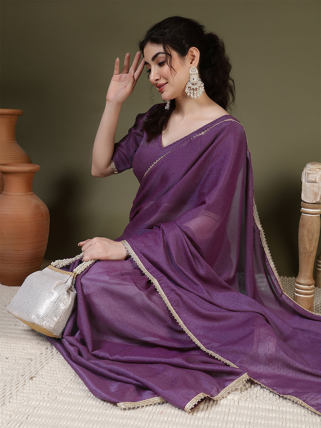 Burgundy Saree embellished with lace & Unstitched blouse | LASVINI - Redefining Indian Fashion with Elegance