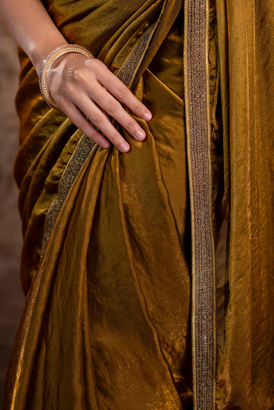 Golden Saree embellished with lace & Unstitched blouse | LASVINI - Redefining Indian Fashion with Elegance