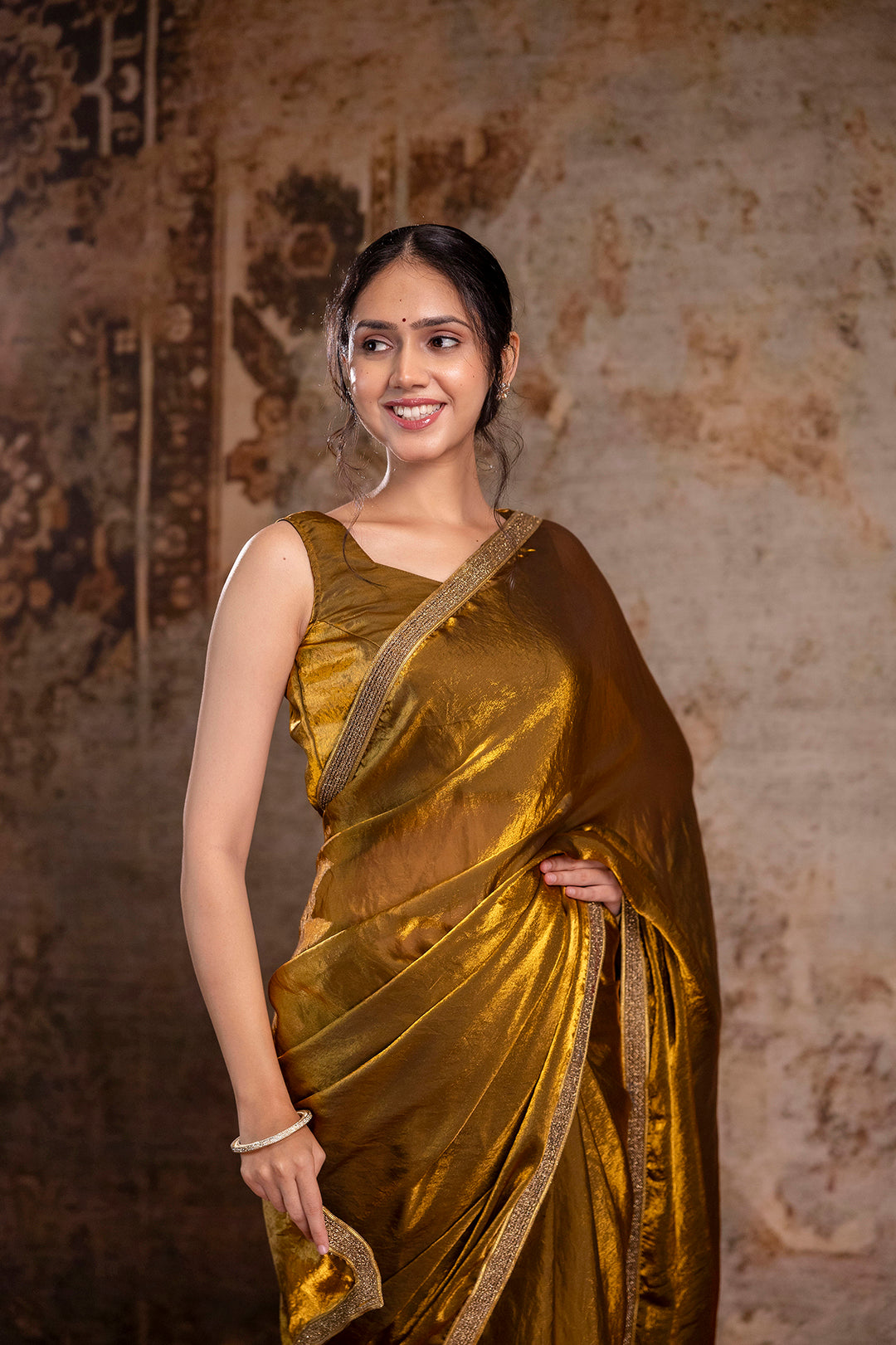 Golden Saree embellished with lace & Unstitched blouse | LASVINI - Redefining Indian Fashion with Elegance