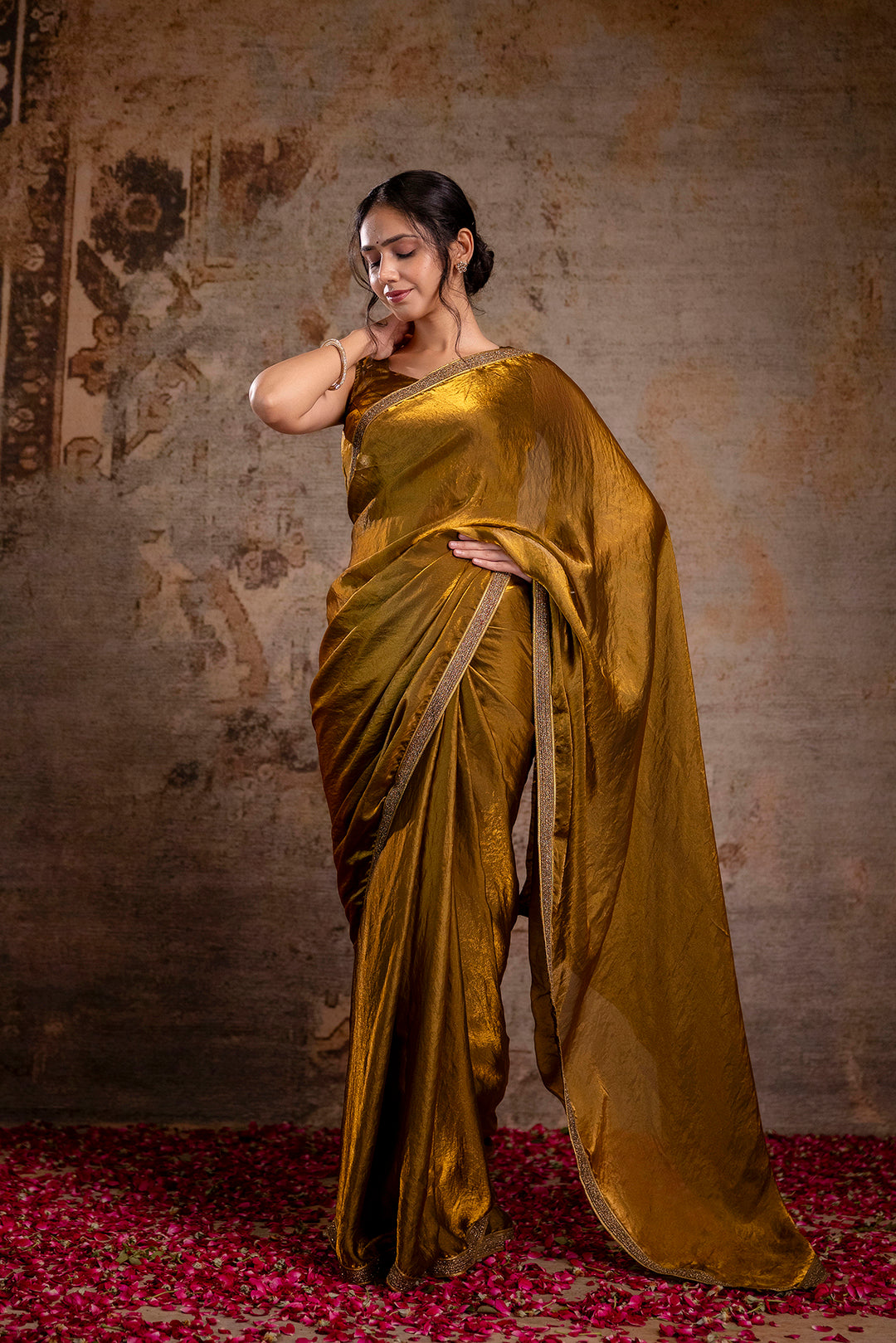 Golden Saree embellished with lace & Unstitched blouse | LASVINI - Redefining Indian Fashion with Elegance