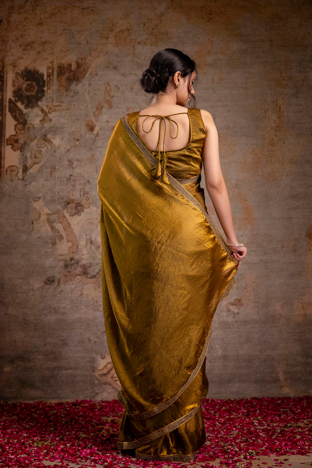 Golden Saree embellished with lace & Unstitched blouse | LASVINI - Redefining Indian Fashion with Elegance