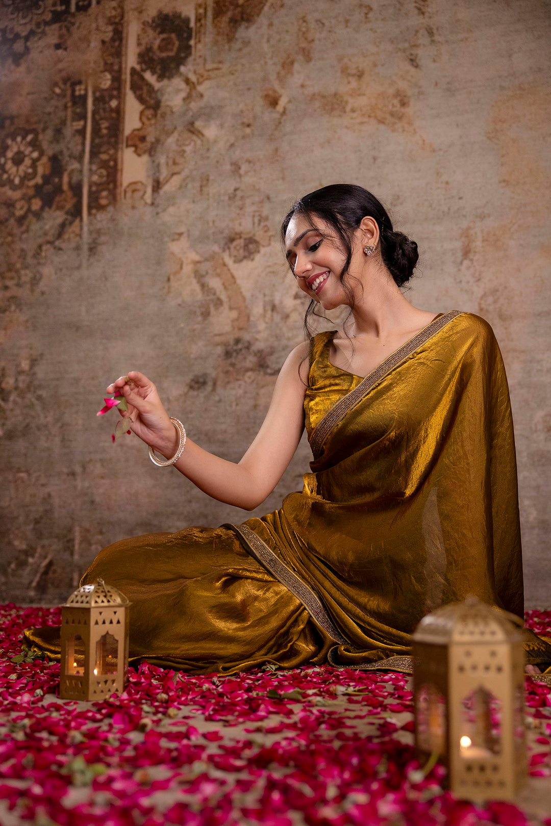 Golden Saree embellished with lace & Unstitched blouse | LASVINI - Redefining Indian Fashion with Elegance