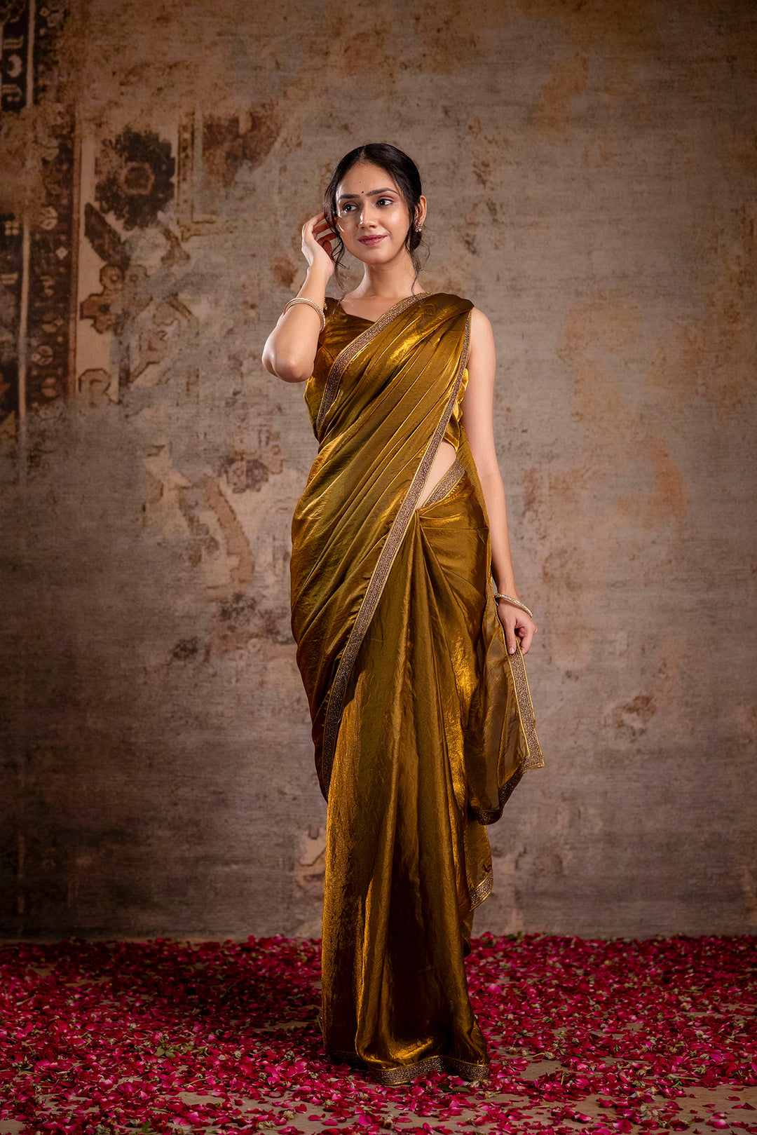 Golden Saree embellished with lace & Unstitched blouse | LASVINI - Redefining Indian Fashion with Elegance