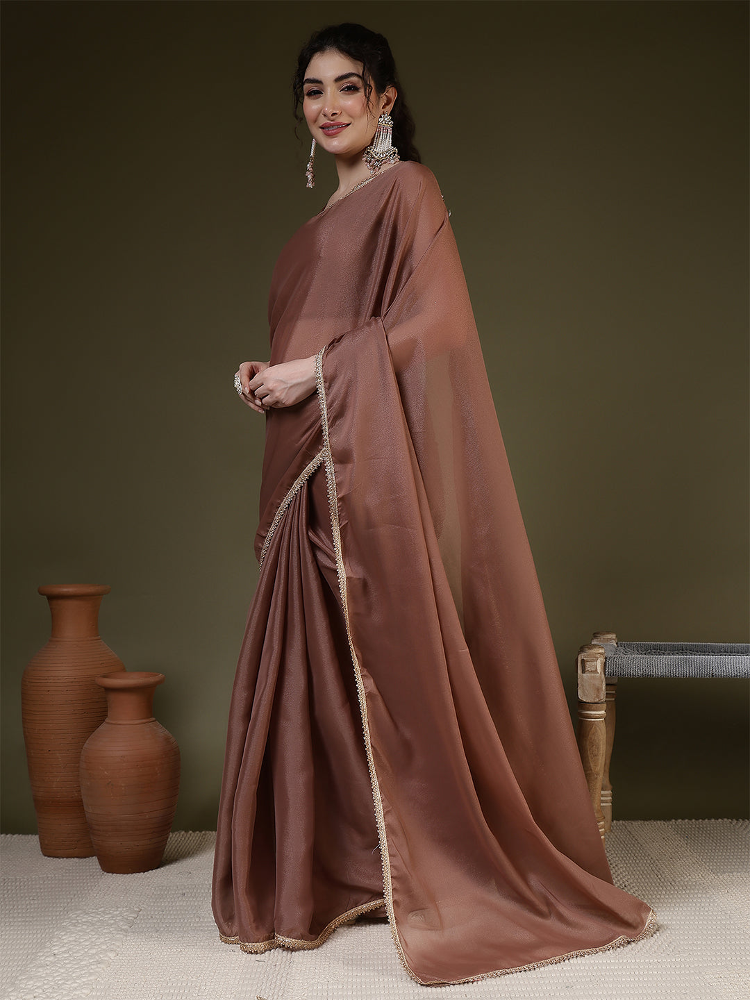 Brown Saree embellished with lace & Unstitched blouse | LASVINI - Redefining Indian Fashion with Elegance