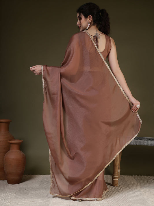 Brown Saree embellished with lace & Unstitched blouse | LASVINI - Redefining Indian Fashion with Elegance