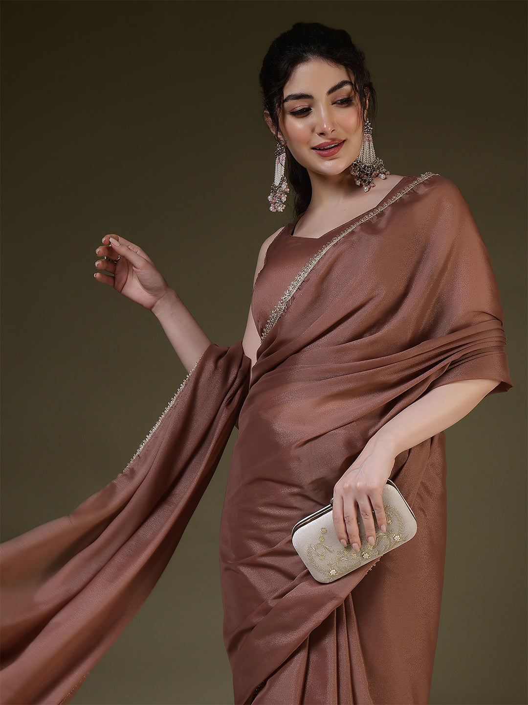 Brown Saree embellished with lace & Unstitched blouse | LASVINI - Redefining Indian Fashion with Elegance