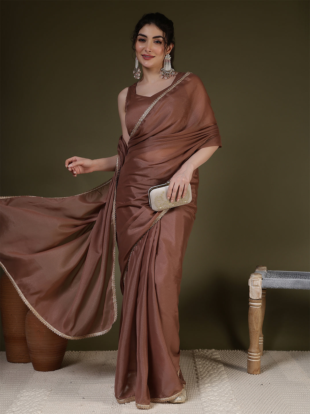 Brown Saree embellished with lace & Unstitched blouse | LASVINI - Redefining Indian Fashion with Elegance
