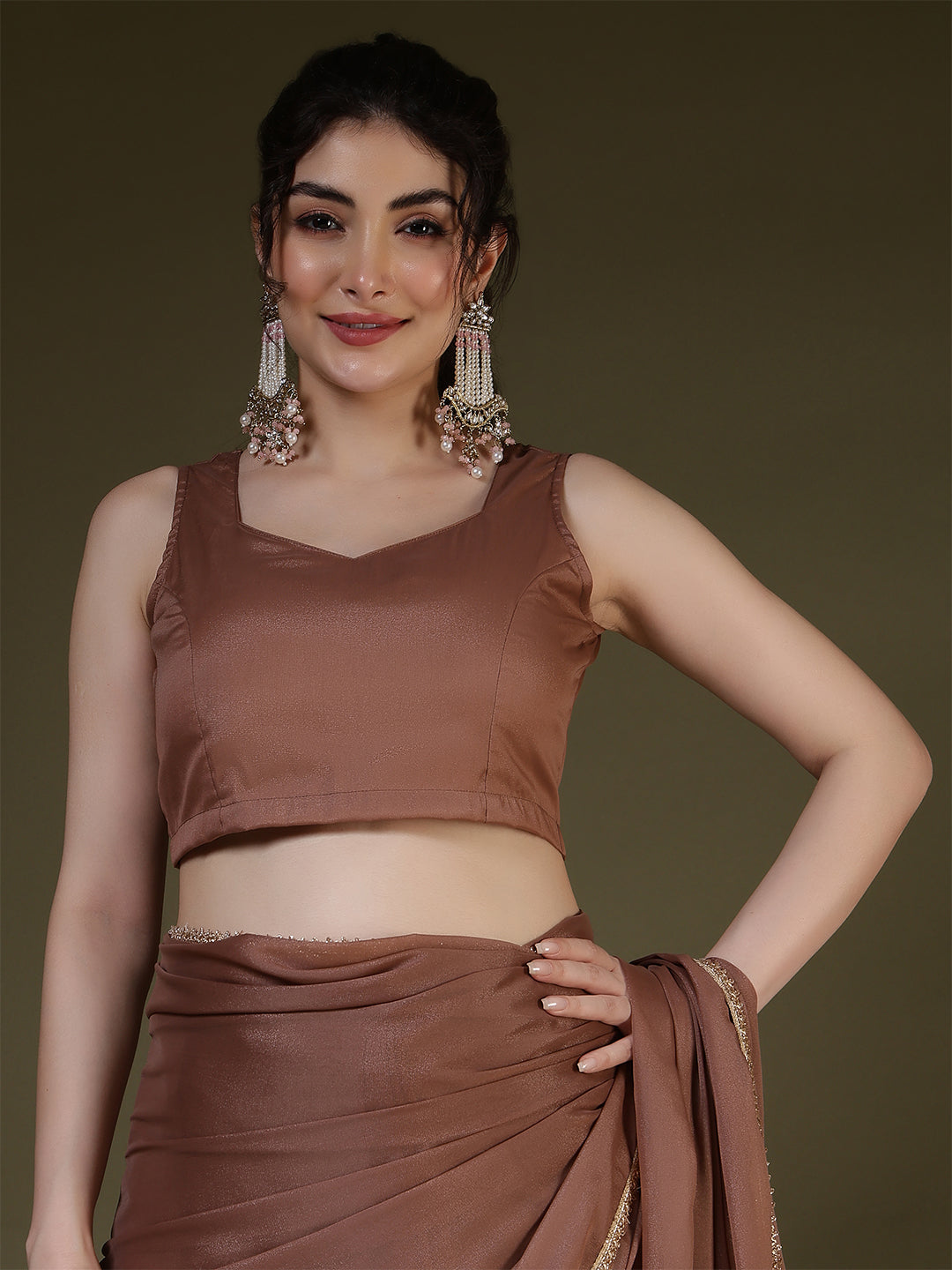 Brown Saree embellished with lace & Unstitched blouse | LASVINI - Redefining Indian Fashion with Elegance