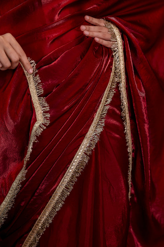 Maroon Saree embellished with lace & Unstitched blouse | LASVINI - Redefining Indian Fashion with Elegance