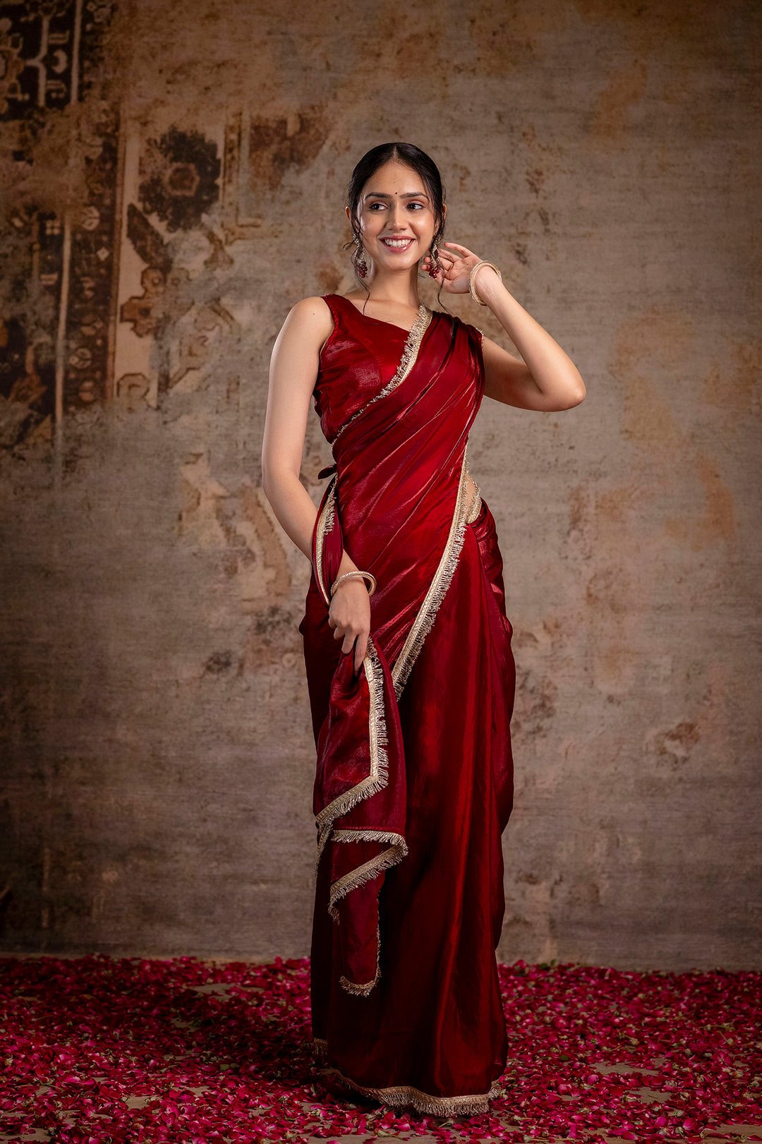 Maroon Saree embellished with lace & Unstitched blouse | LASVINI - Redefining Indian Fashion with Elegance