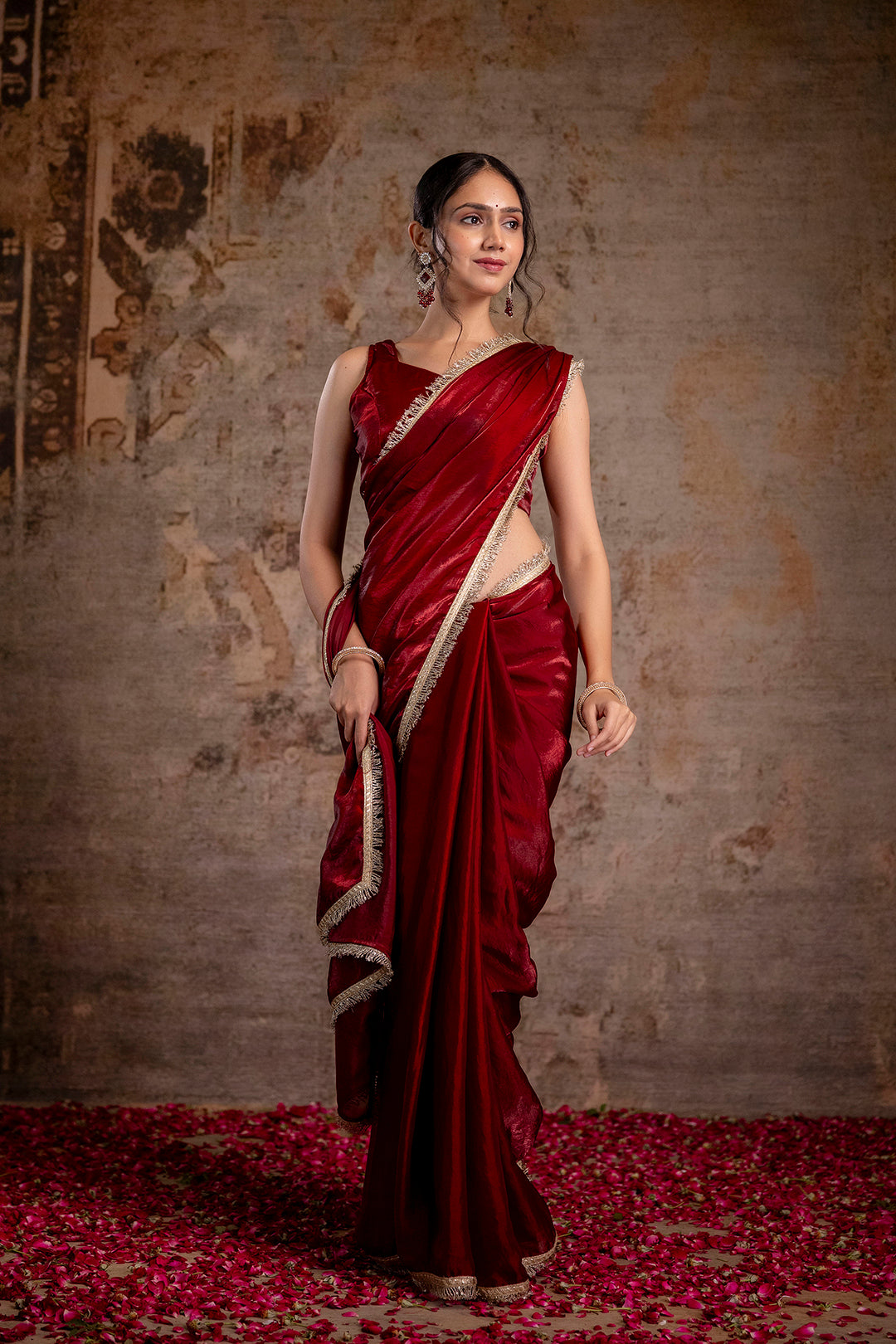 Maroon Saree embellished with lace & Unstitched blouse | LASVINI - Redefining Indian Fashion with Elegance