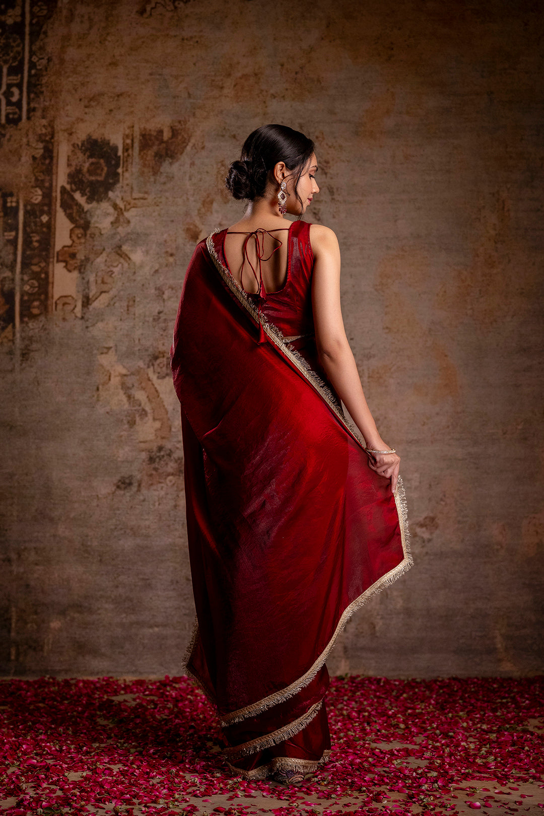 Maroon Saree embellished with lace & Unstitched blouse | LASVINI - Redefining Indian Fashion with Elegance