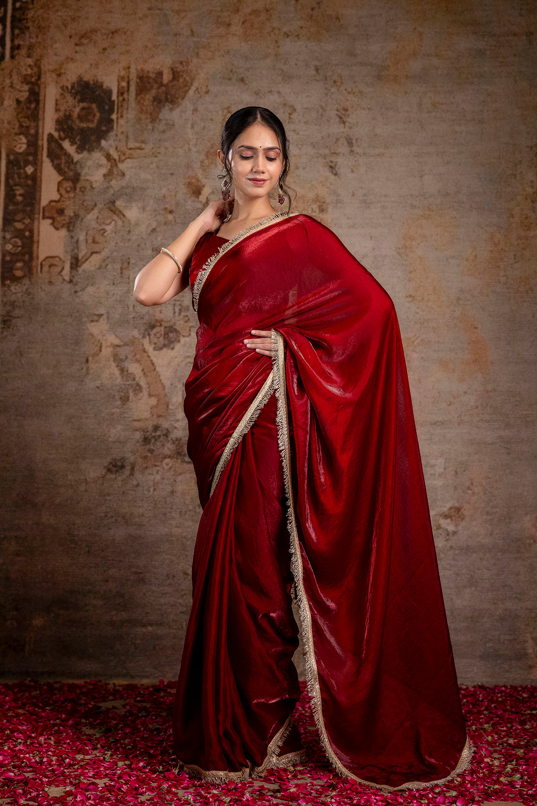Maroon Saree embellished with lace & Unstitched blouse | LASVINI - Redefining Indian Fashion with Elegance