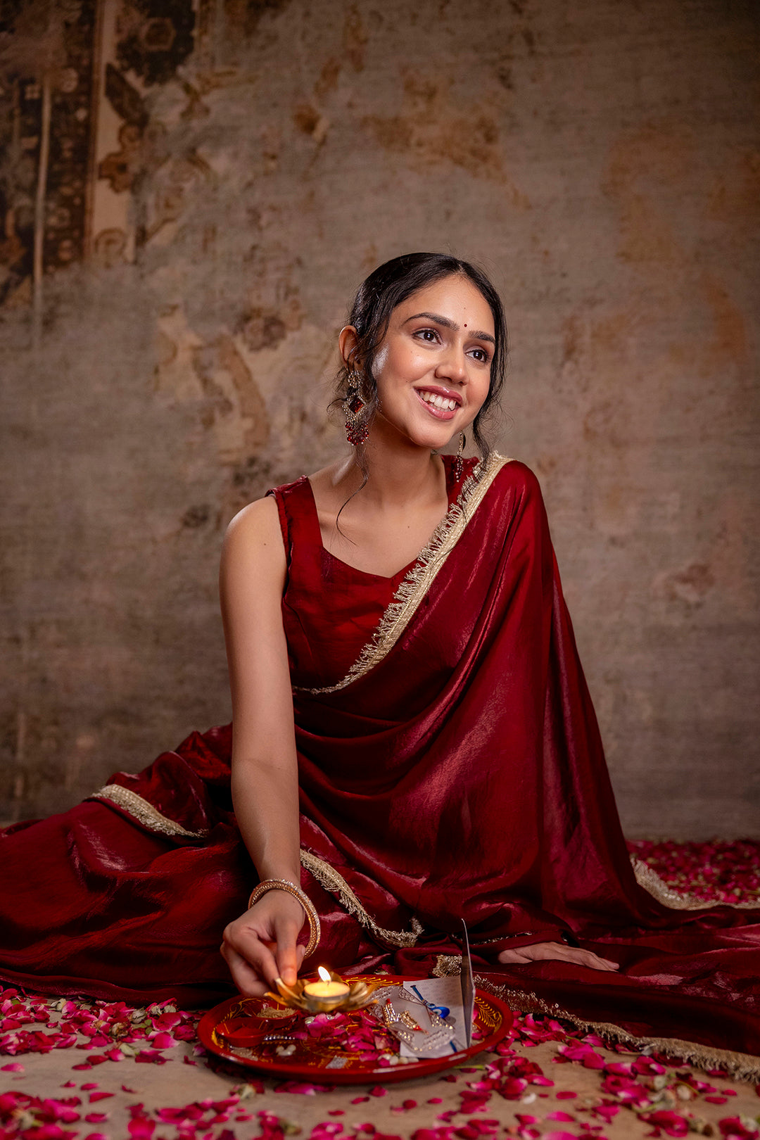 Maroon Saree embellished with lace & Unstitched blouse | LASVINI - Redefining Indian Fashion with Elegance