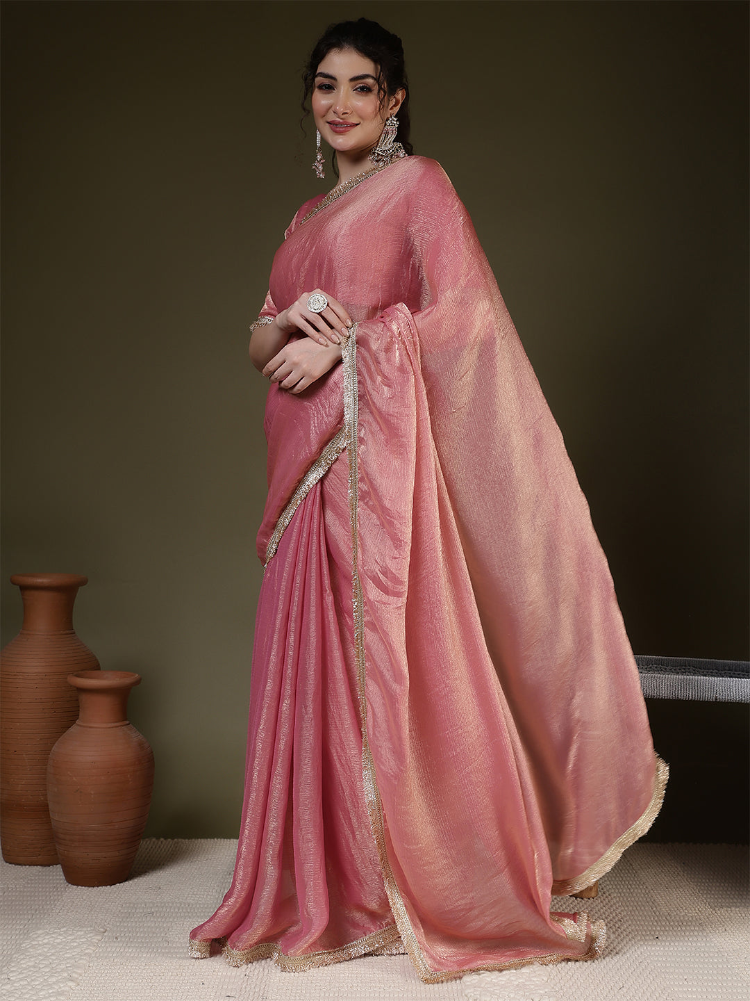 Pink Saree embellished with lace & Unstitched blouse | LASVINI - Redefining Indian Fashion with Elegance