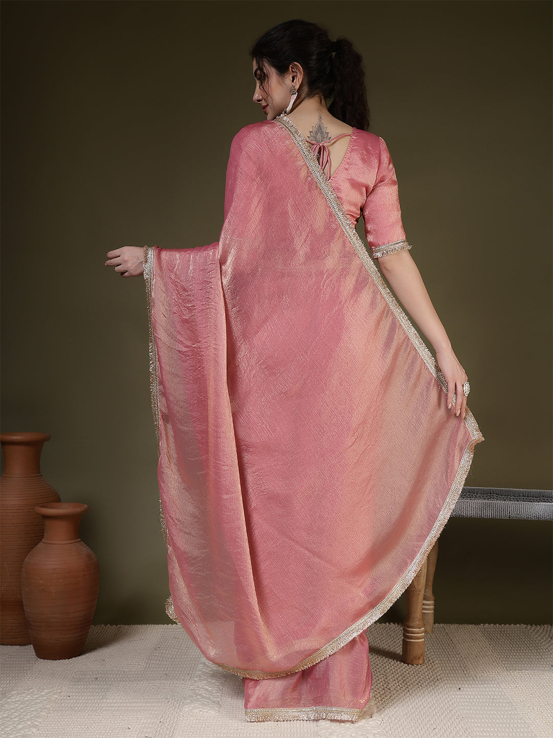 Pink Saree embellished with lace & Unstitched blouse | LASVINI - Redefining Indian Fashion with Elegance