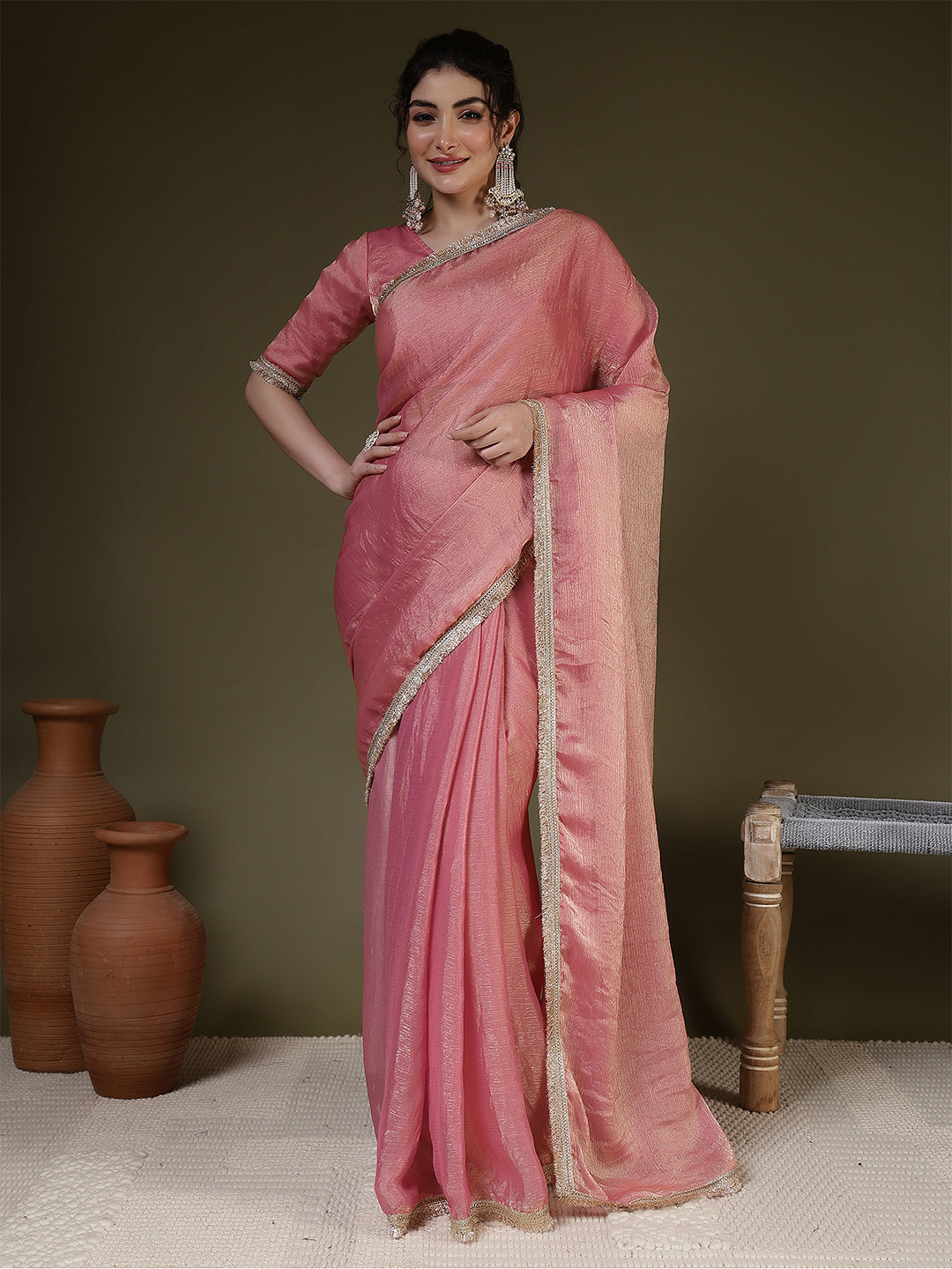 Pink Saree embellished with lace & Unstitched blouse | LASVINI - Redefining Indian Fashion with Elegance