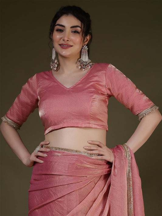 Pink Saree embellished with lace & Unstitched blouse | LASVINI - Redefining Indian Fashion with Elegance