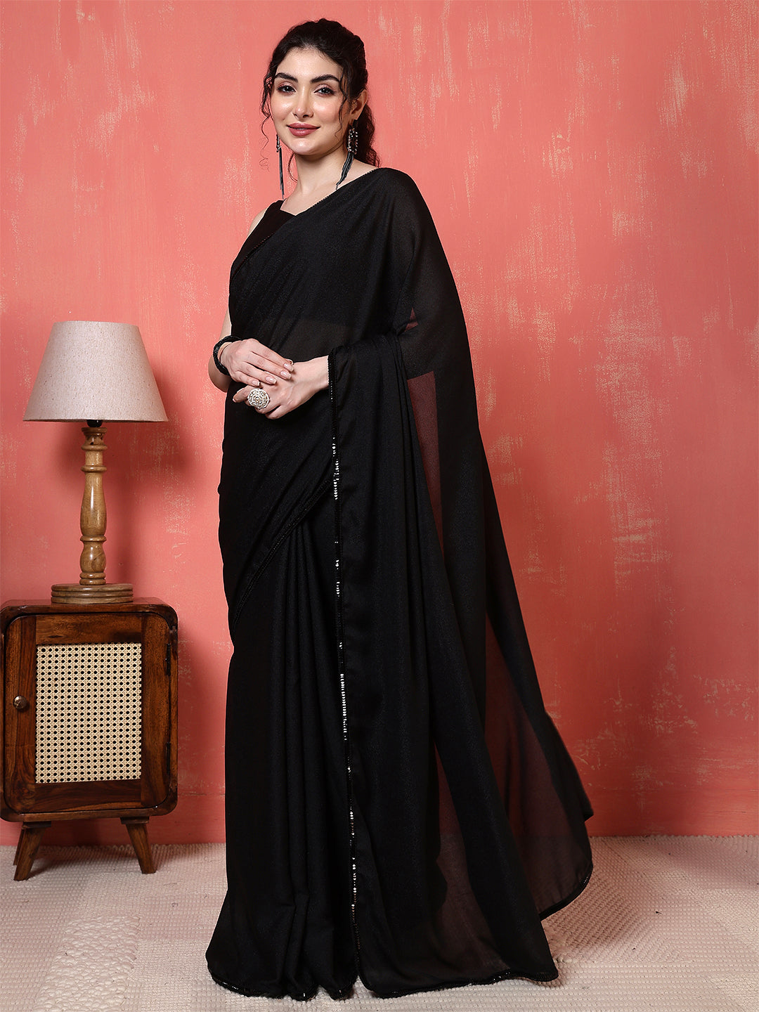 Black Saree embellished with lace & Unstitched blouse | LASVINI - Redefining Indian Fashion with Elegance