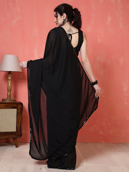Black Saree embellished with lace & Unstitched blouse | LASVINI - Redefining Indian Fashion with Elegance