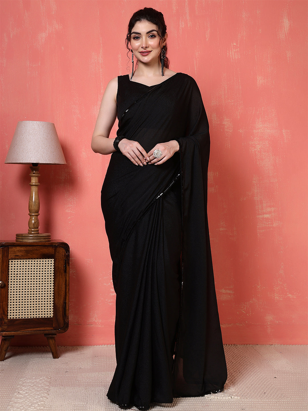 Black Saree embellished with lace & Unstitched blouse | LASVINI - Redefining Indian Fashion with Elegance