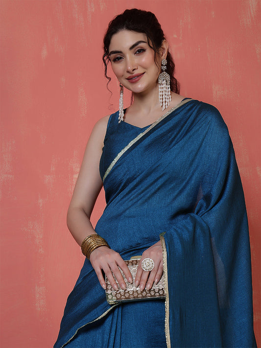 Teal Blue Saree embellished with lace & Unstitched blouse | LASVINI - Redefining Indian Fashion with Elegance