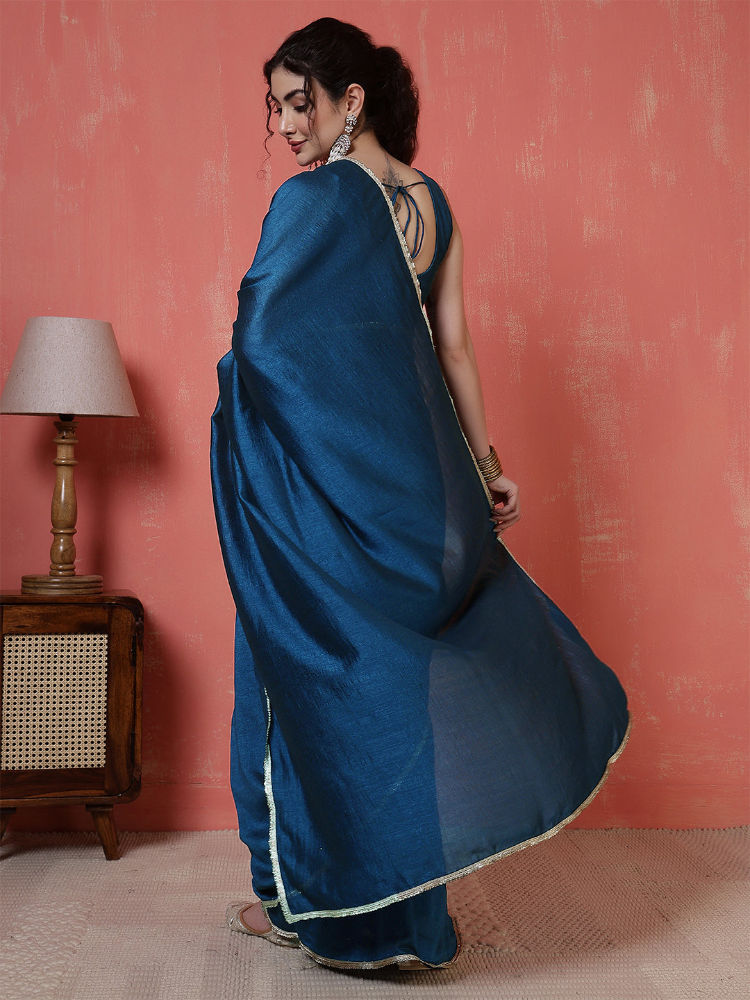 Teal Blue Saree embellished with lace & Unstitched blouse | LASVINI - Redefining Indian Fashion with Elegance