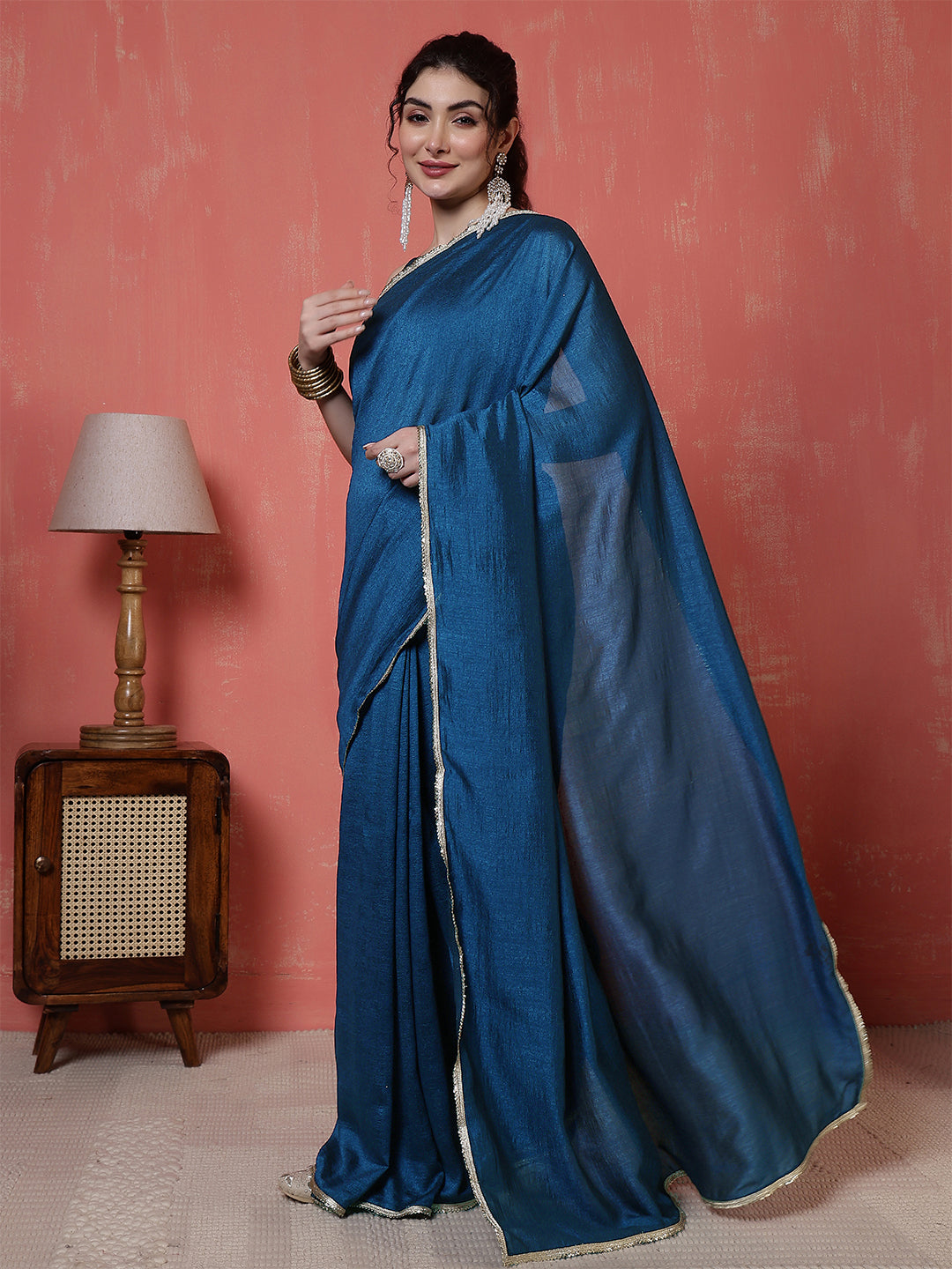 Teal Blue Saree embellished with lace & Unstitched blouse | LASVINI - Redefining Indian Fashion with Elegance
