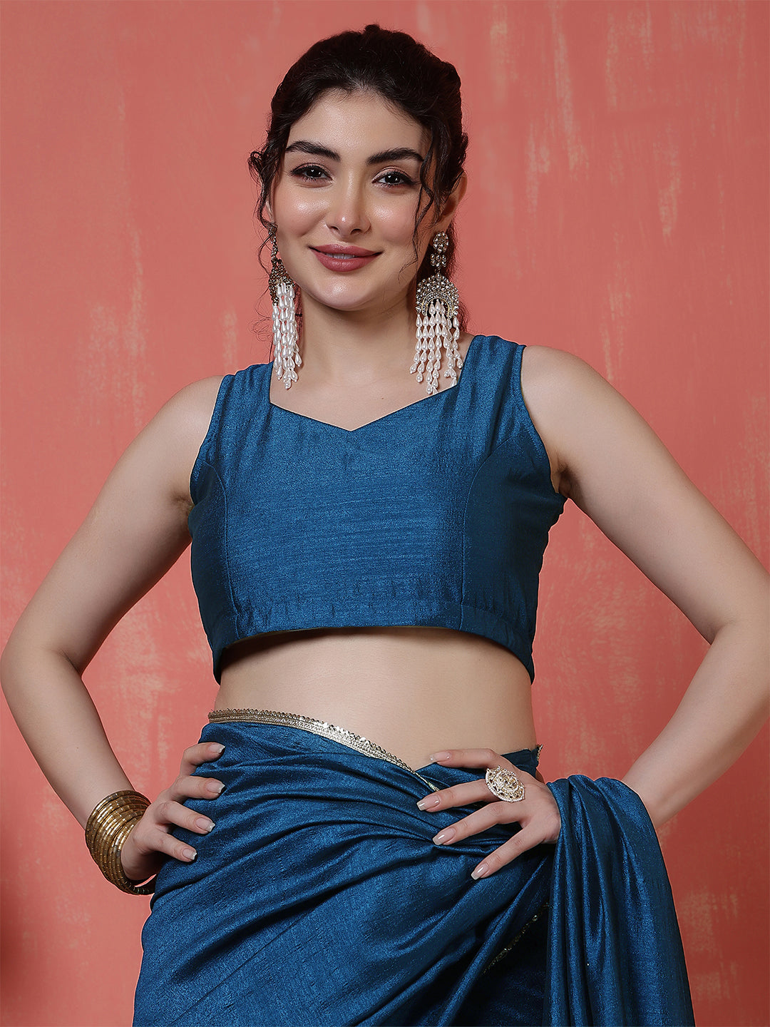 Teal Blue Saree embellished with lace & Unstitched blouse | LASVINI - Redefining Indian Fashion with Elegance
