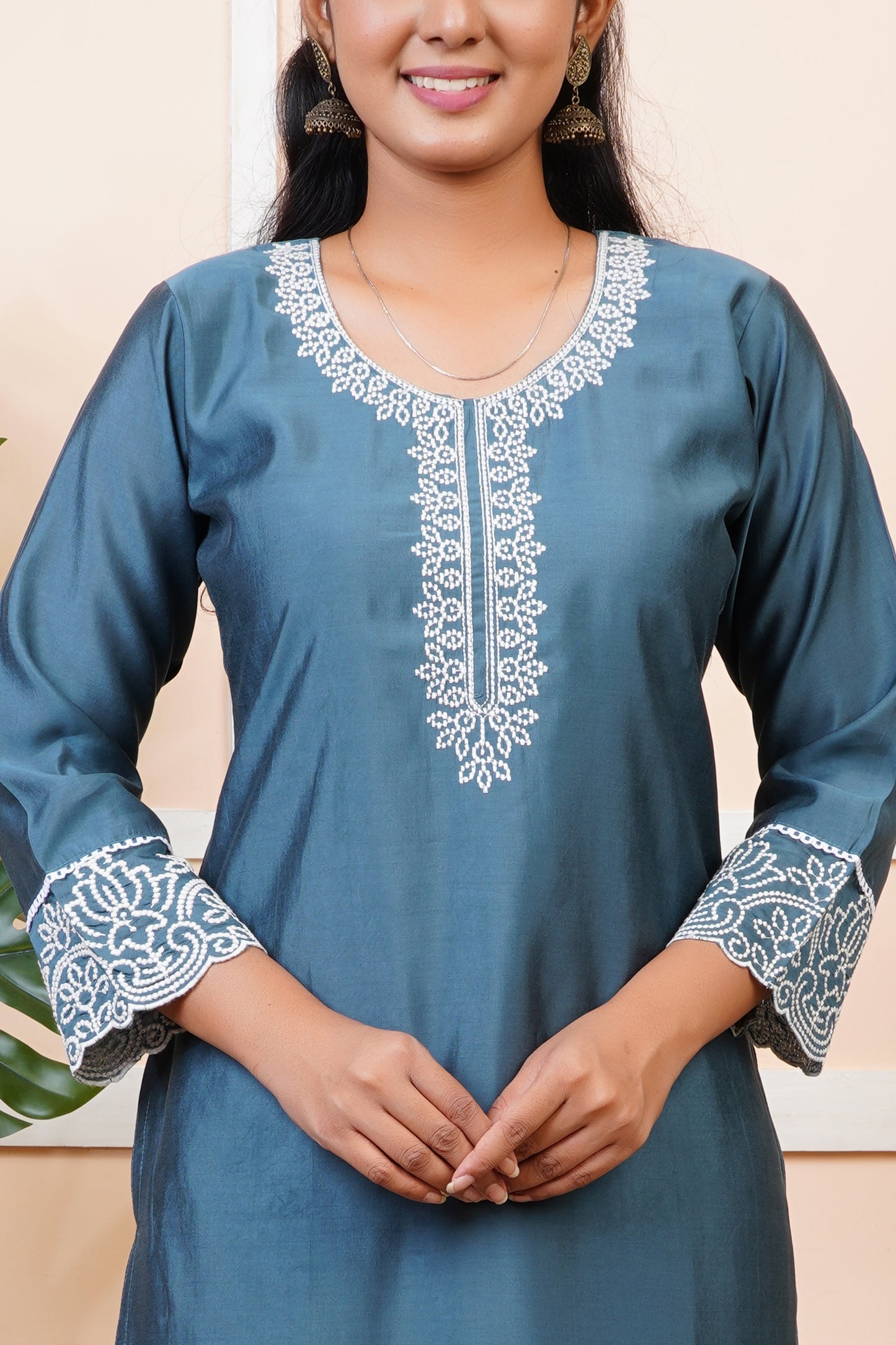 Women Steel Blue Silk Blend Straight Kurta Set With Dupatta | LASVINI
