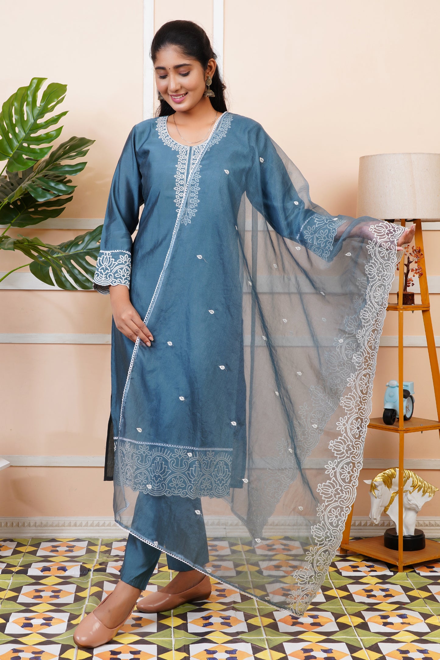 Women Steel Blue Silk Blend Straight Kurta Set With Dupatta | LASVINI