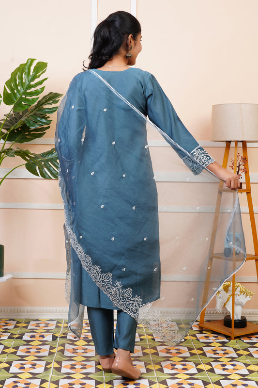 Women Steel Blue Silk Blend Straight Kurta Set With Dupatta | LASVINI