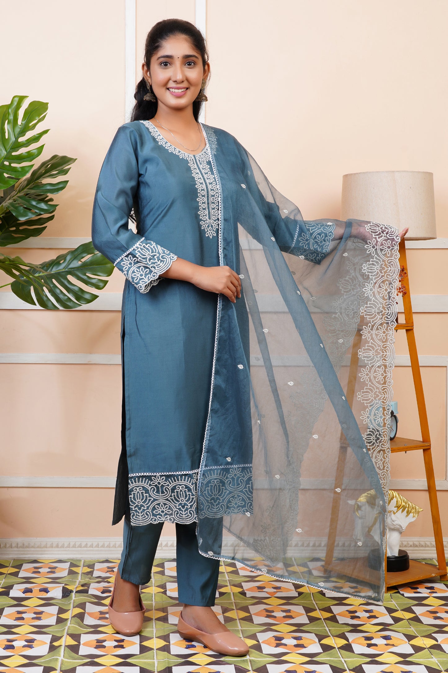 Women Steel Blue Silk Blend Straight Kurta Set With Dupatta | LASVINI
