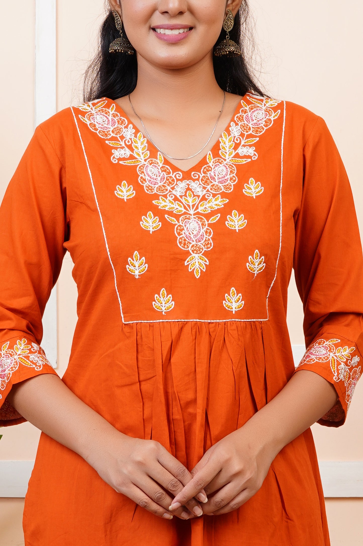 Women Orange Mul Cotton Embroidered Kurta set with Dupatta | LASVINI