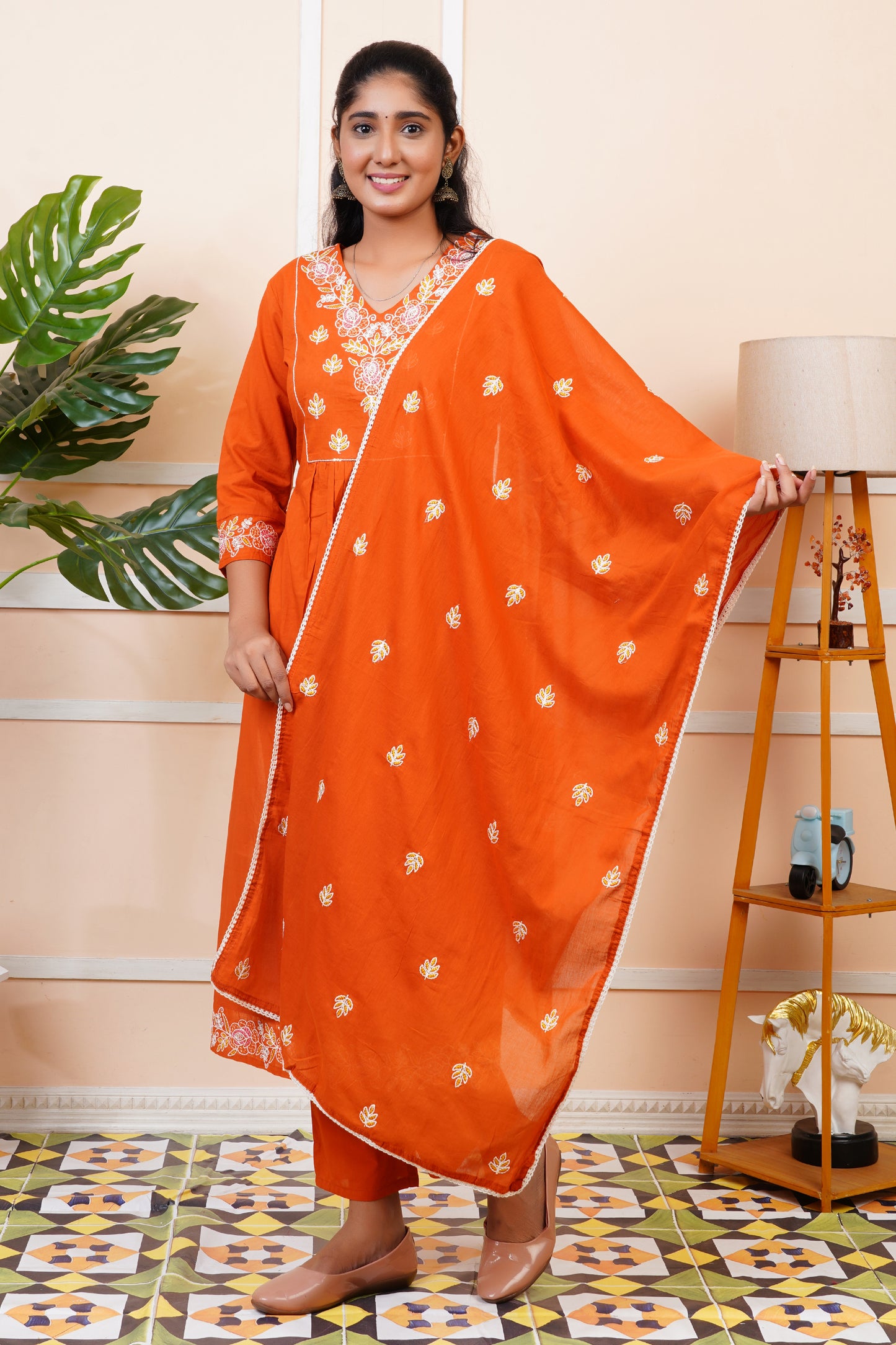 Women Orange Mul Cotton Embroidered Kurta set with Dupatta | LASVINI