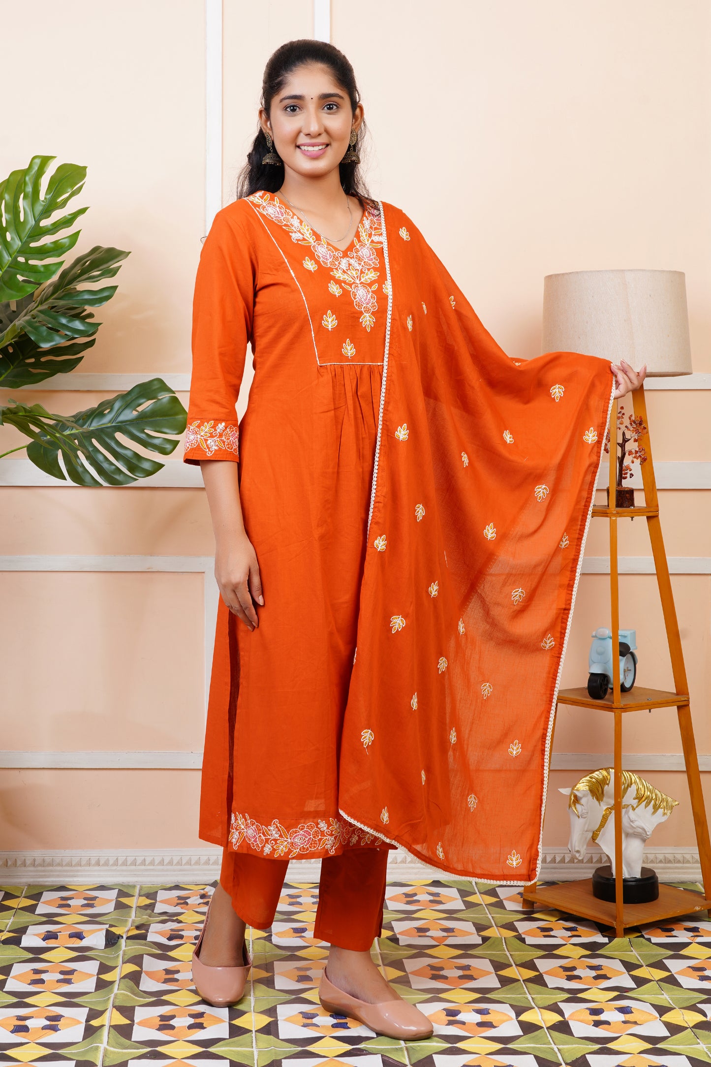 Women Orange Mul Cotton Embroidered Kurta set with Dupatta | LASVINI