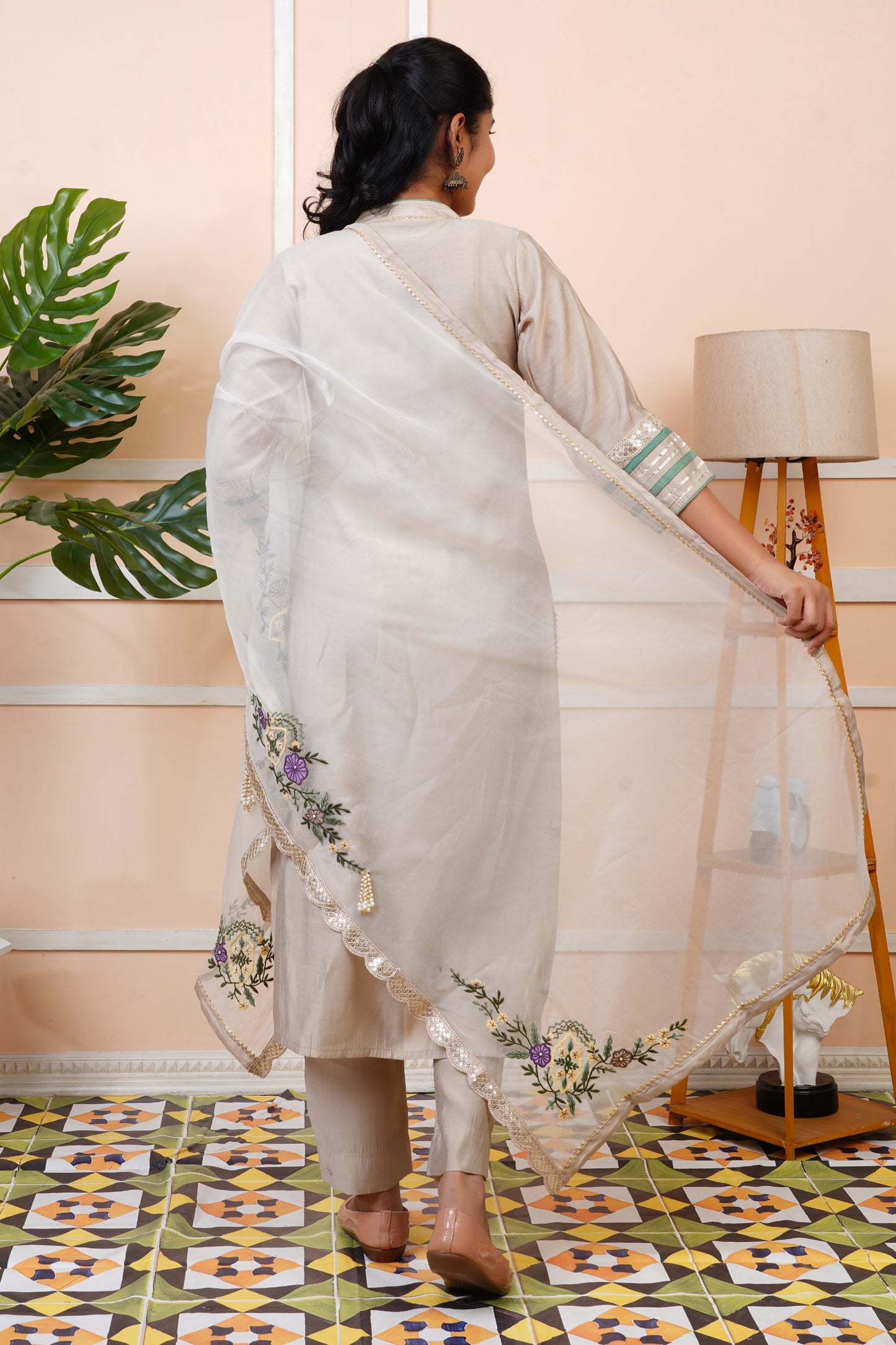 Women Grey Embroidered Modal Muslin Kurta Set With Dupatta