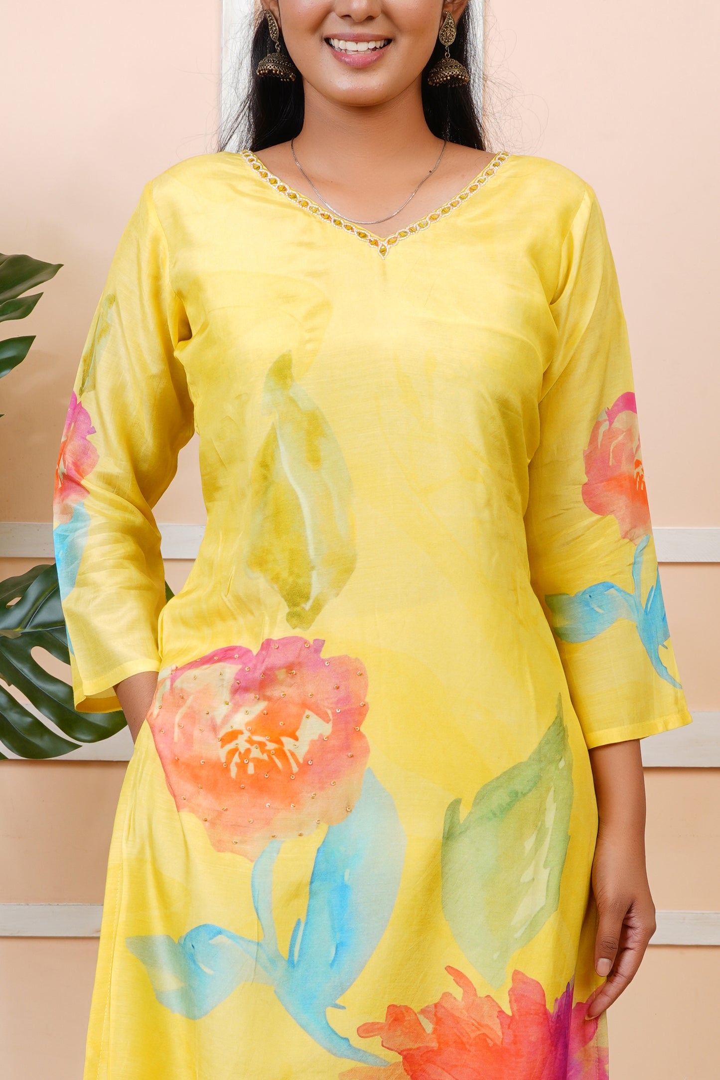 Women Yellow Muslin Silk Floral Kurta Set With Dupatta | LASVINI