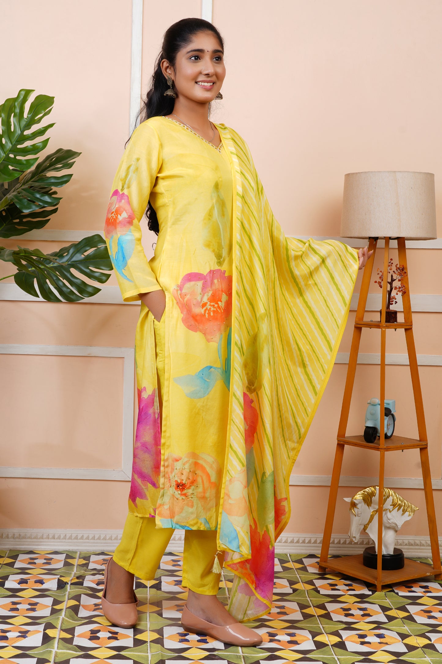 Women Yellow Muslin Silk Floral Kurta Set With Dupatta | LASVINI