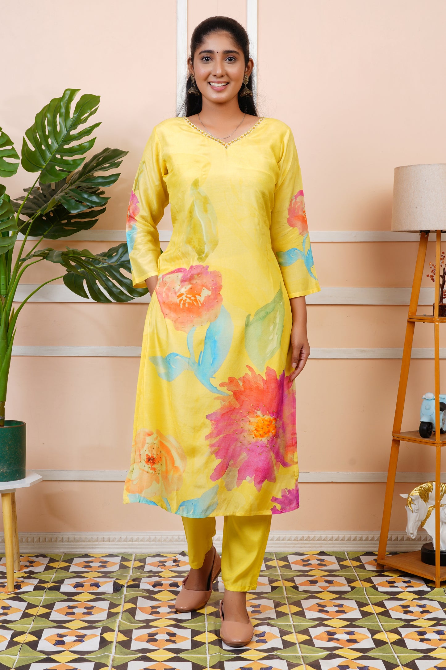 Women Yellow Muslin Silk Floral Kurta Set With Dupatta | LASVINI