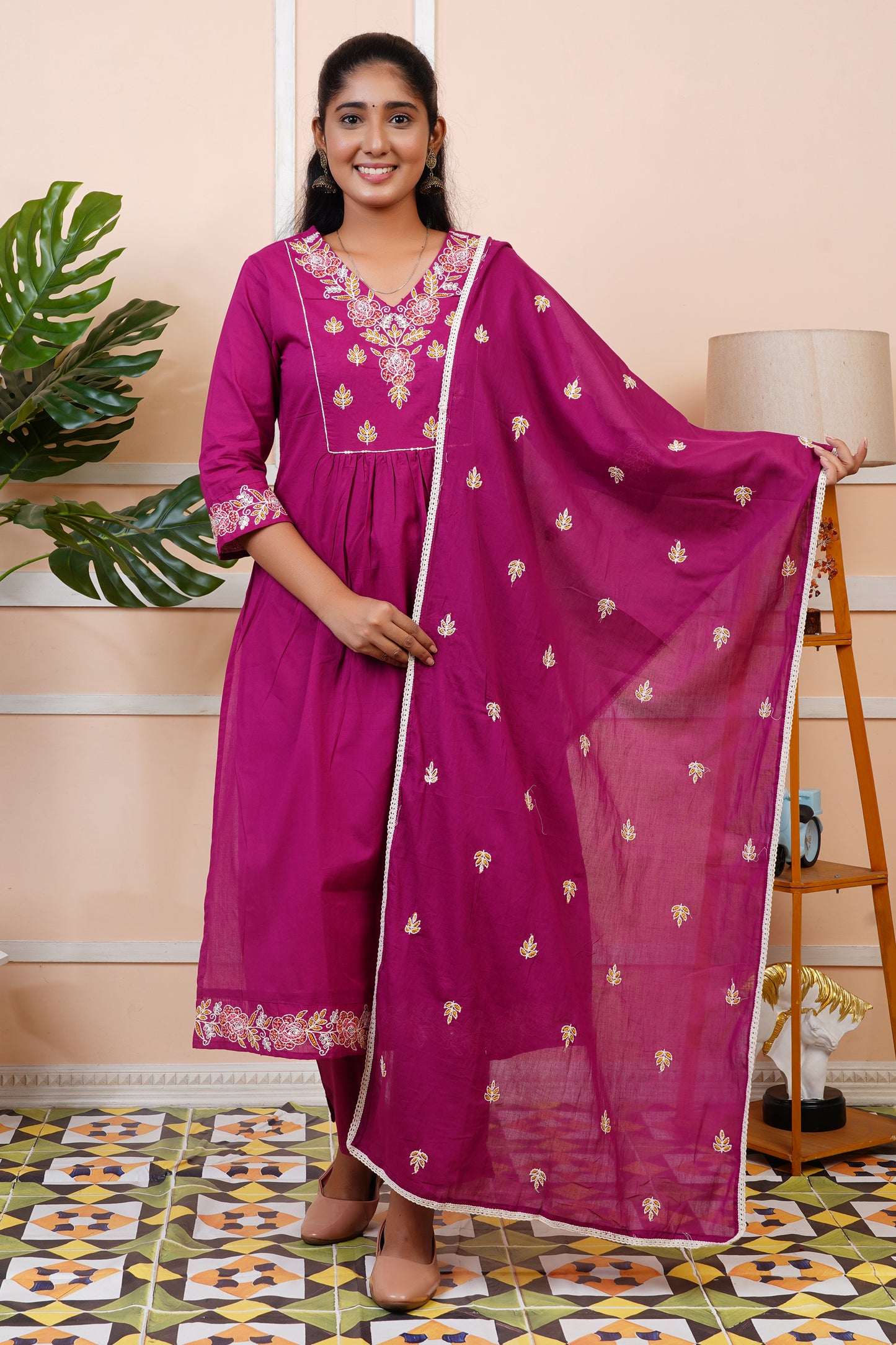 Women Mul Cotton Embroidery Straight Kurta Set with Dupatta | LASVINI