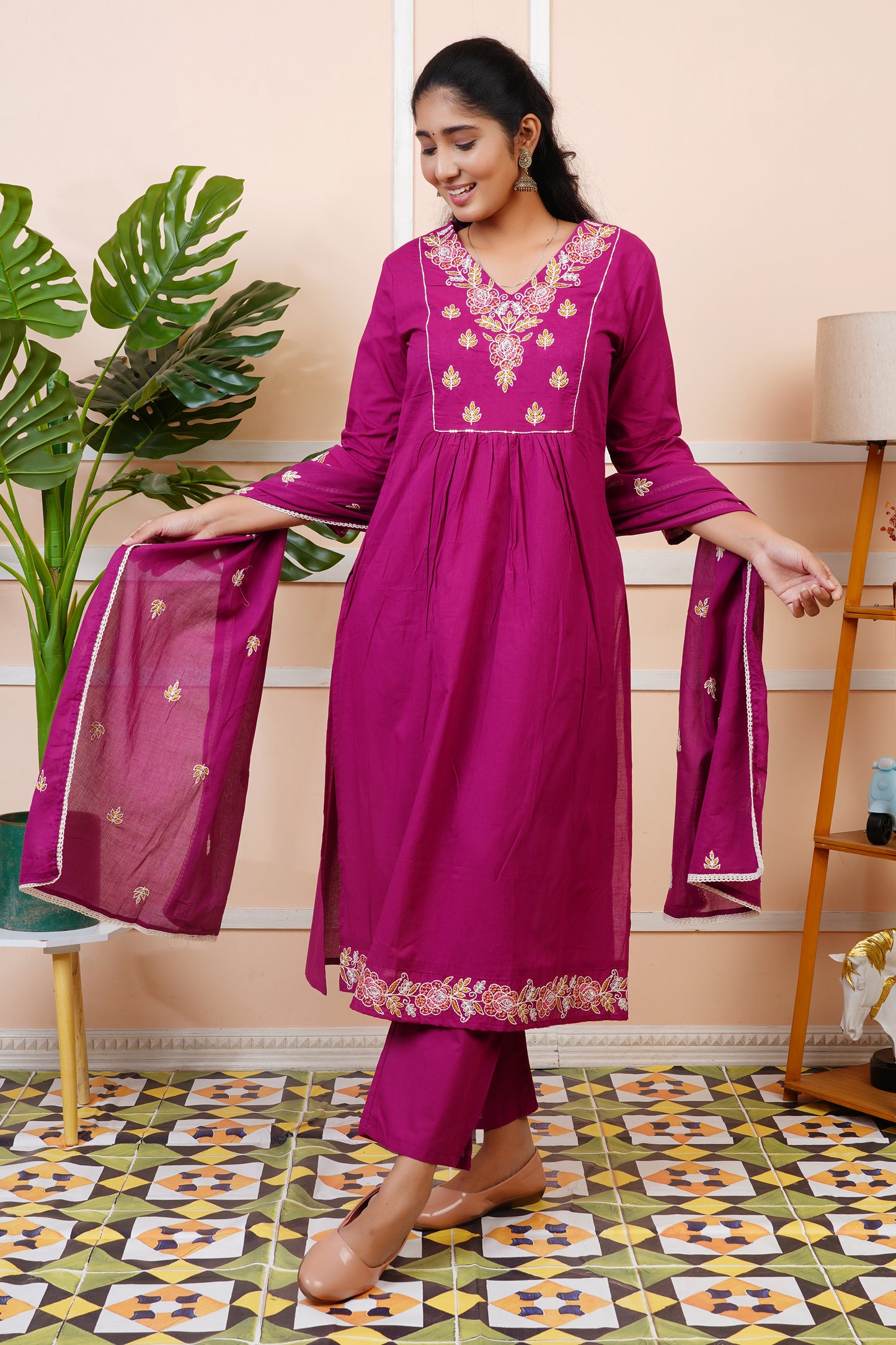 Women Mul Cotton Embroidery Straight Kurta Set with Dupatta | LASVINI
