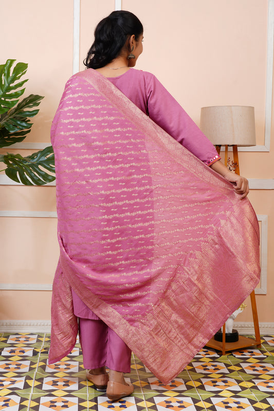 Women Silk Blend Embroidery Straight Kurta Set with Banarasi Dupatta | LASVINI