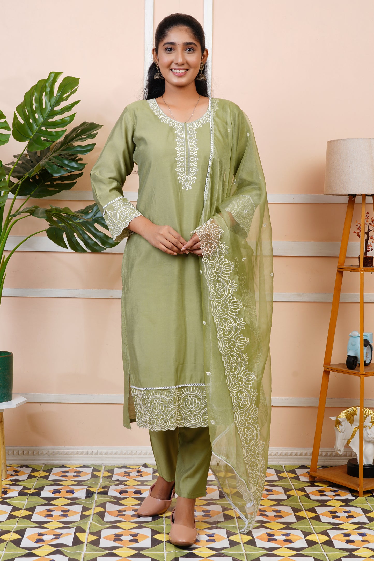 Women Silk Blend Embroidered Straight Kurta Set With Dupatta | LASVINI