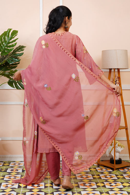 Women Rust Embroidered Partywear Mul Chanderi Kurta set With Dupatta | LASVINI