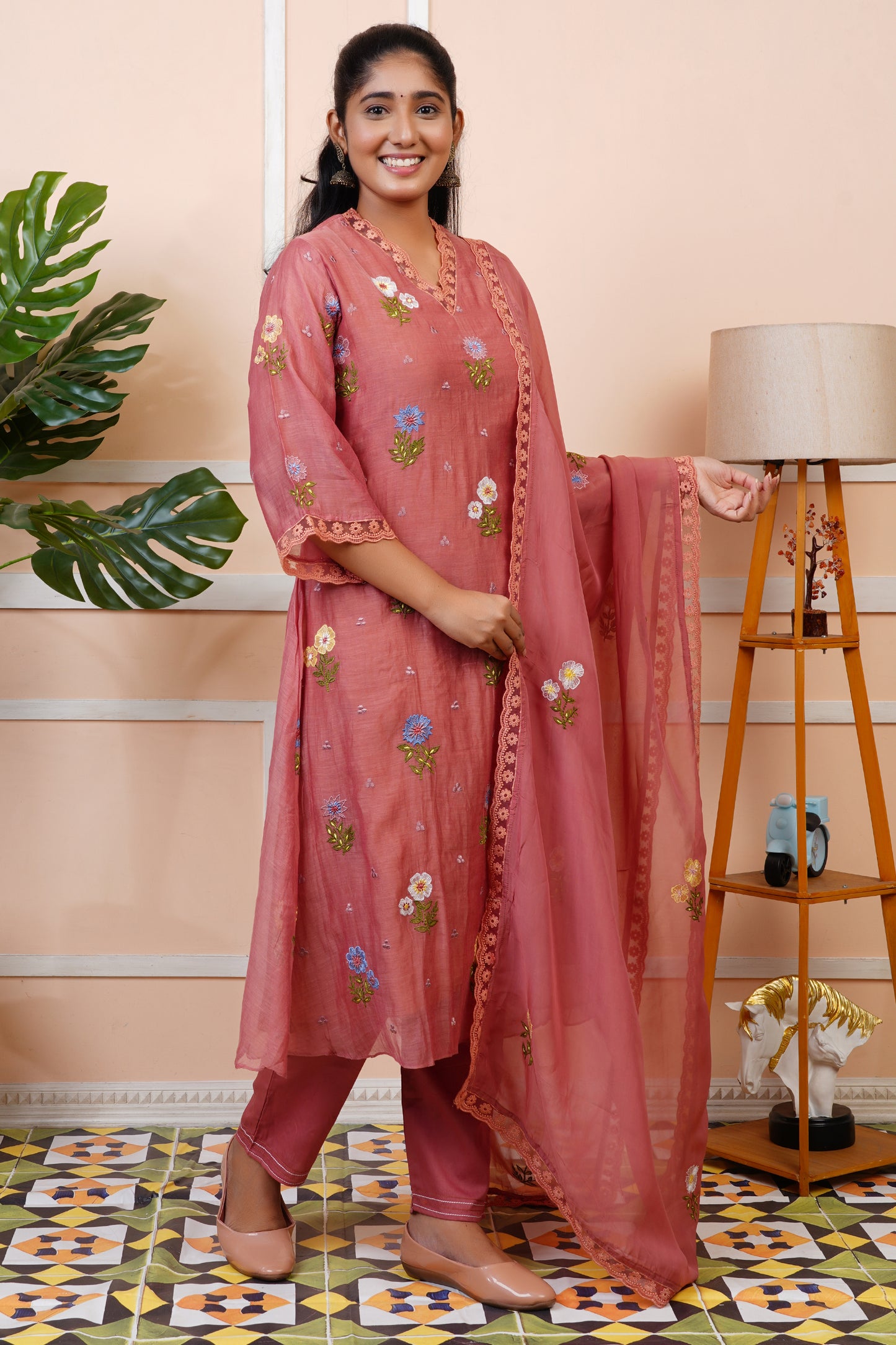 Women Rust Embroidered Partywear Mul Chanderi Kurta set With Dupatta | LASVINI