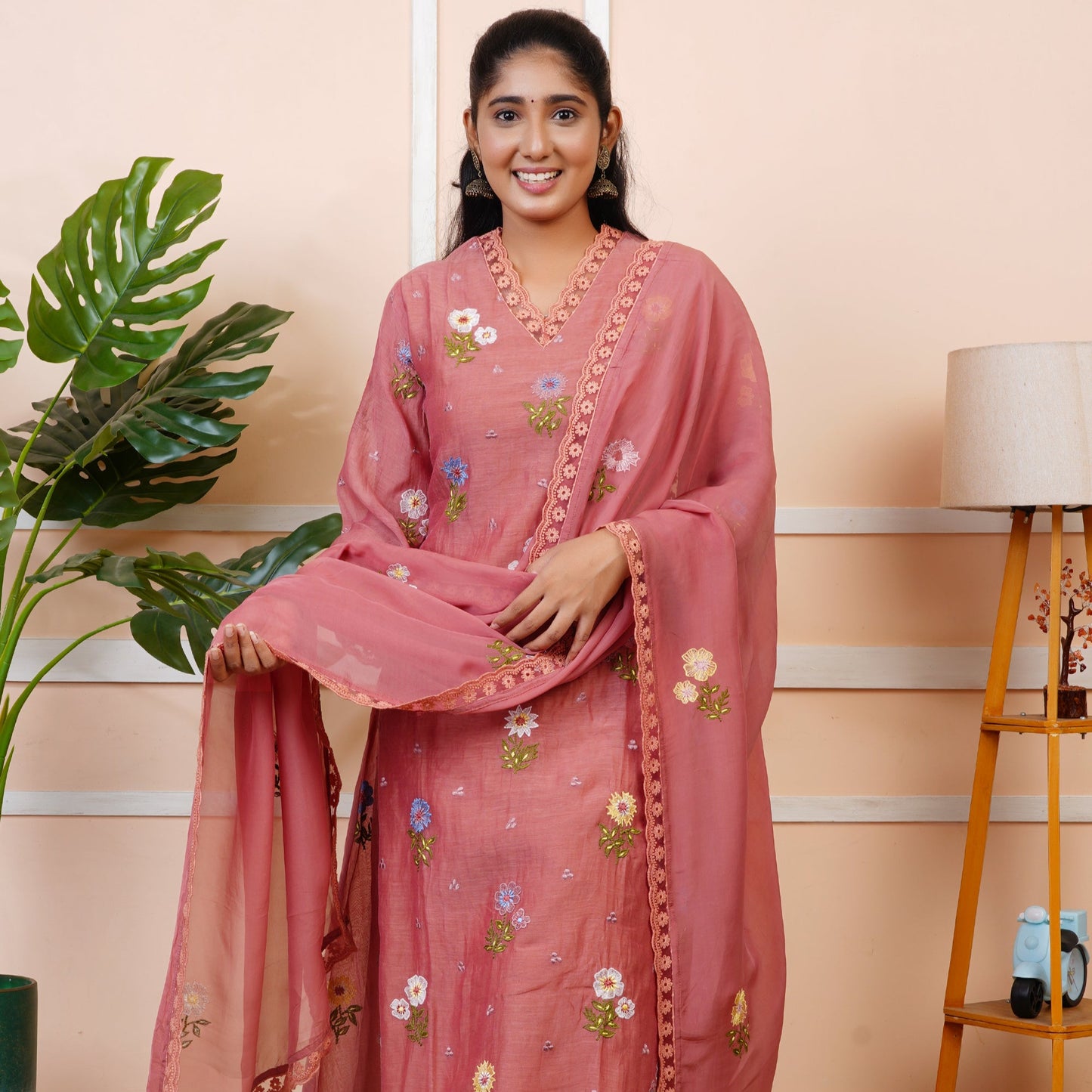 Women Rust Embroidered Partywear Mul Chanderi Kurta set With Dupatta | LASVINI